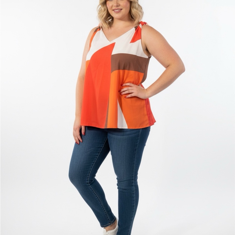 Source Unknown Orange and Brown Geometric Tank Top